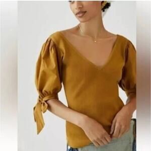 Maeve Anthropologie Ribbed Puff Sleeve Mustard Gold Blouse Top Women's Sz XS